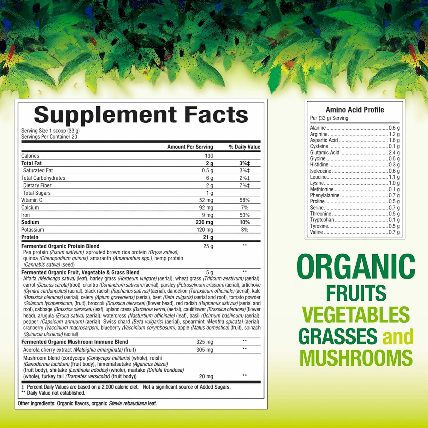 Close-up of fermented protein greens tropical flavor ingredients.