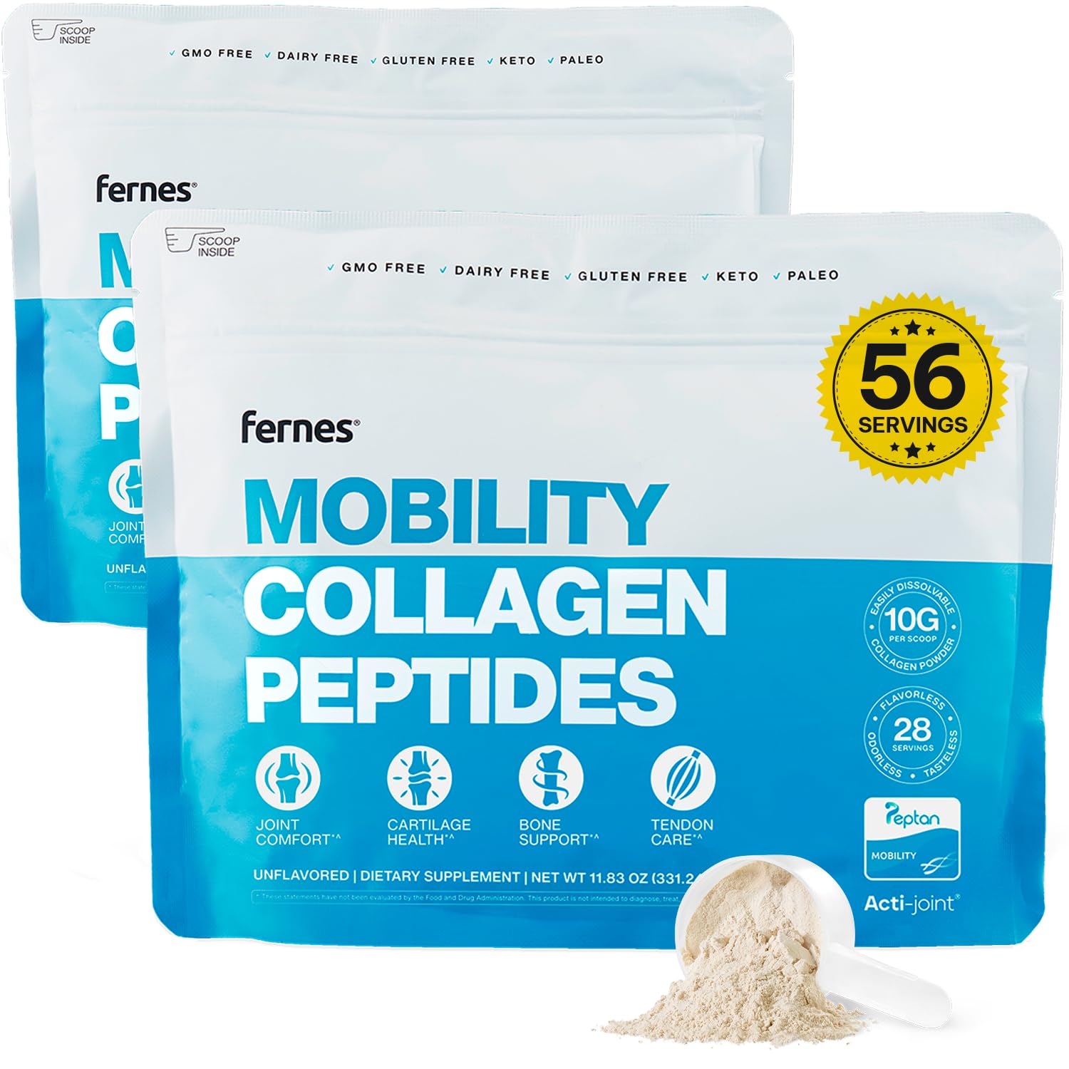 Front view of Fernes Mobility Collagen Peptides powder container