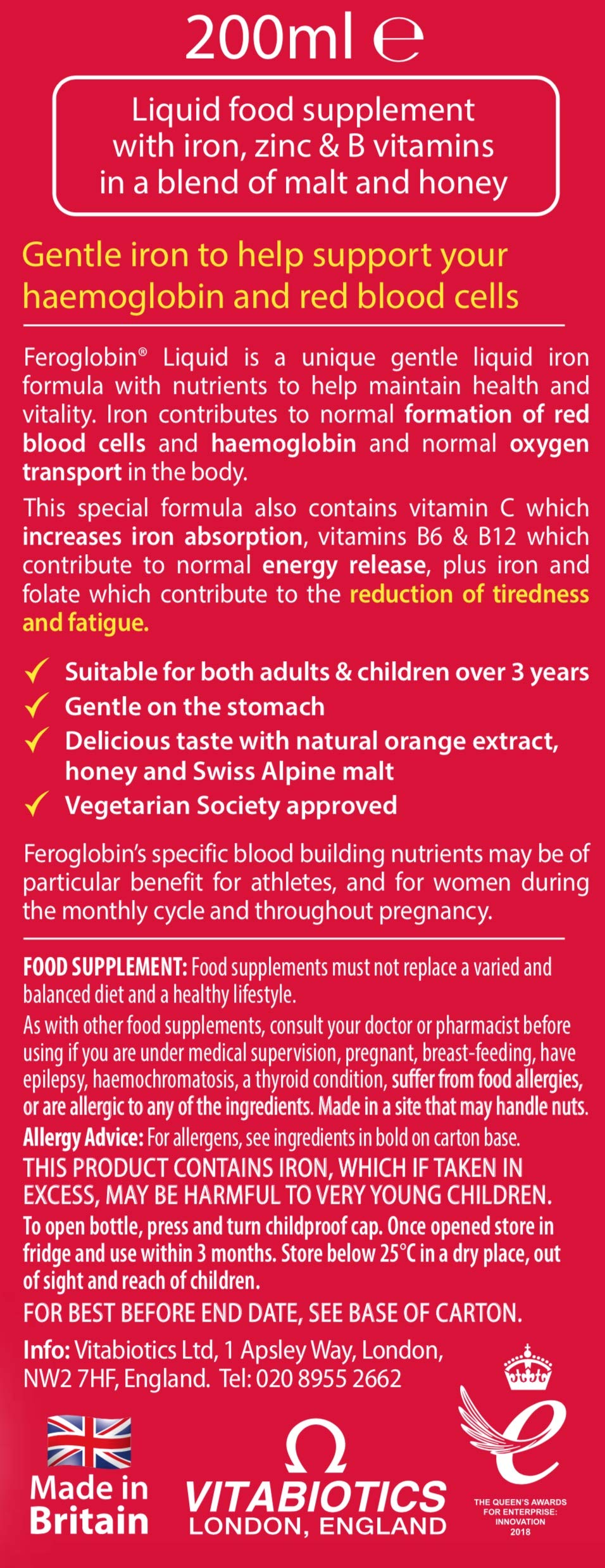 Feroglobin liquid ingredients and nutrients