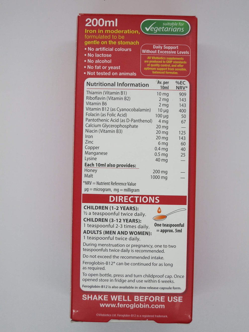Feroglobin 200ml nutrition facts panel