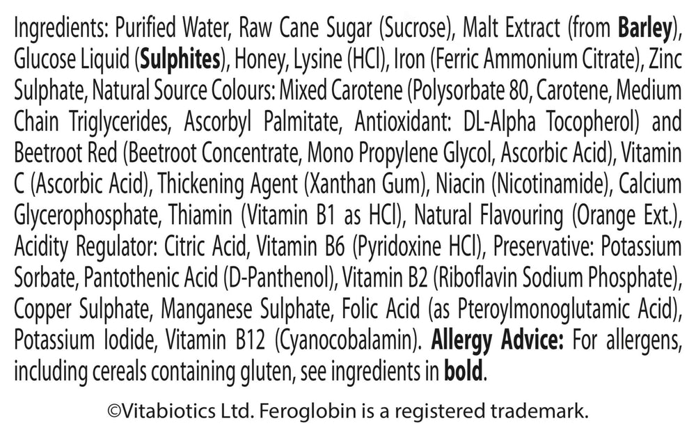 Feroglobin Liquid nutrition facts panel