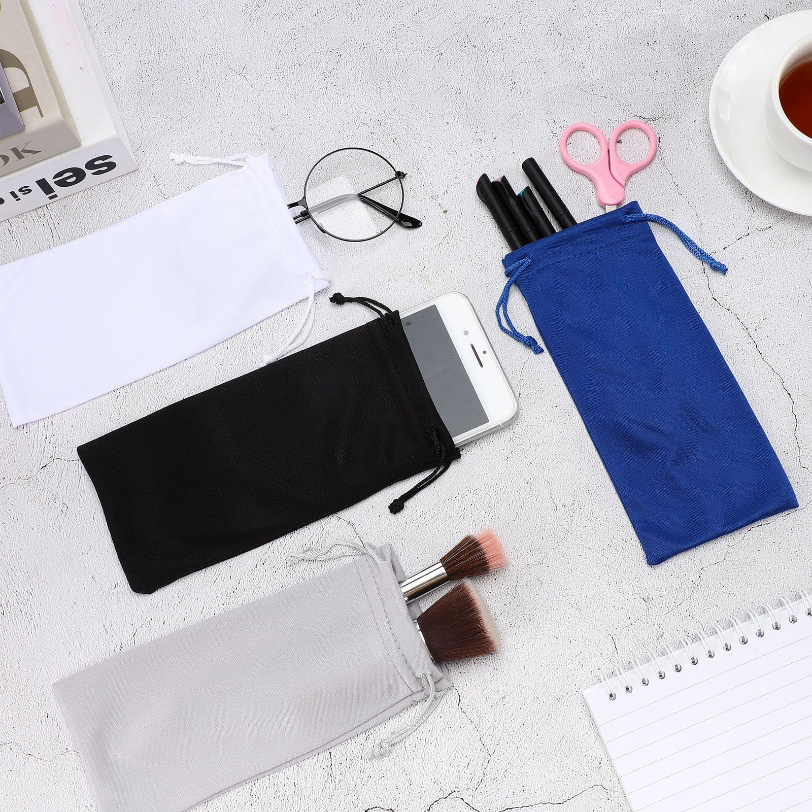 Close-up of blue and gray microfiber pouches