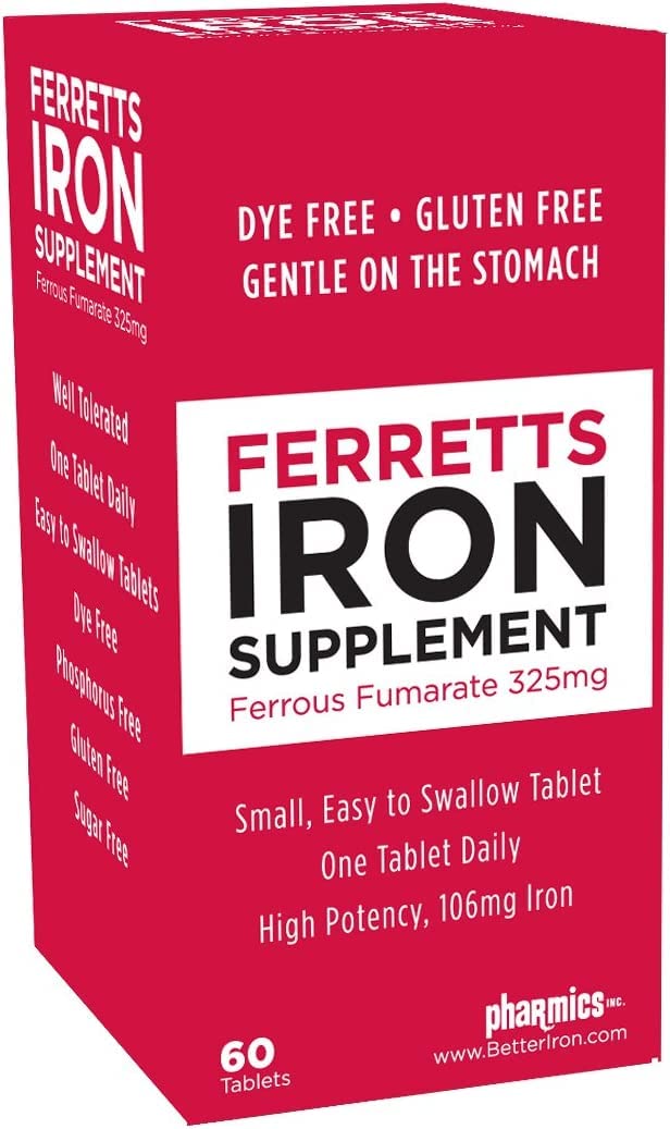 Pack shot showing Ferretts Iron Supplement branding and 60-tablet bottle