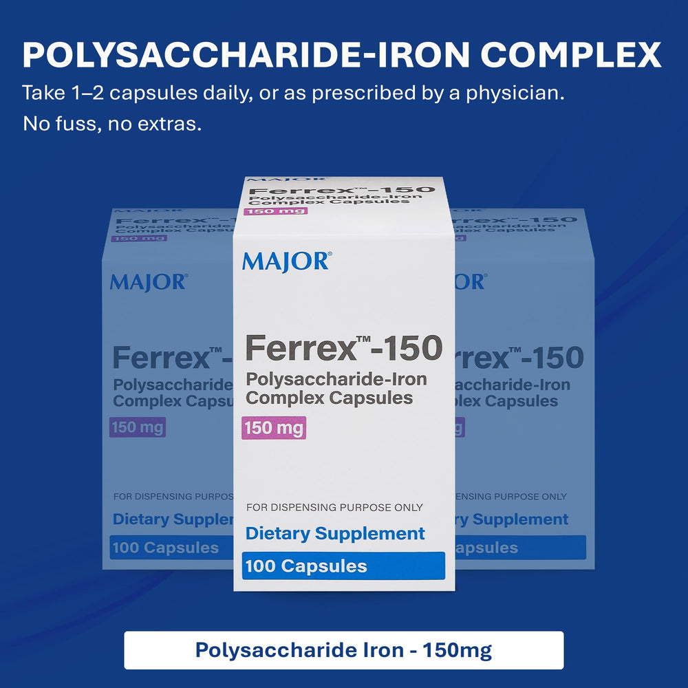 Ferrex-150 label front with product name and 150mg iron