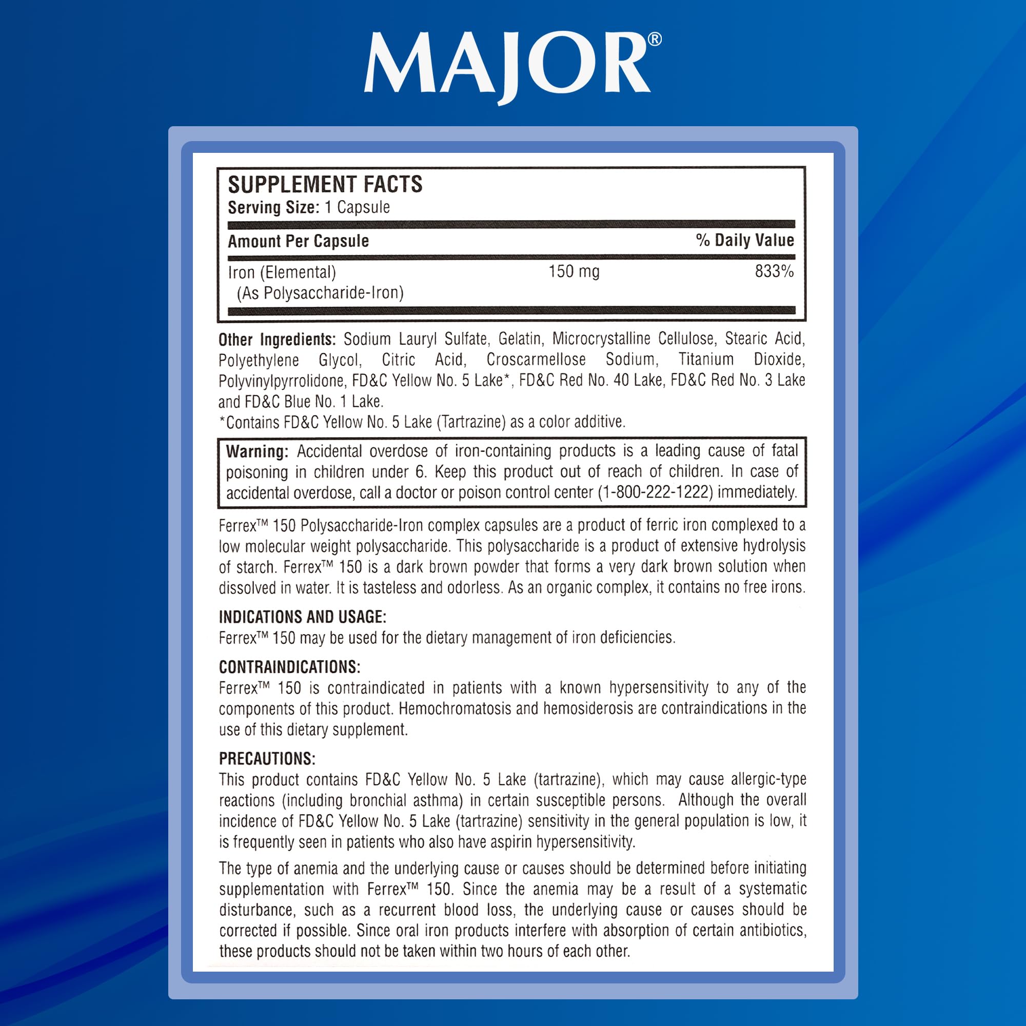 Major Pharmaceuticals Ferrex-150 packaging on display