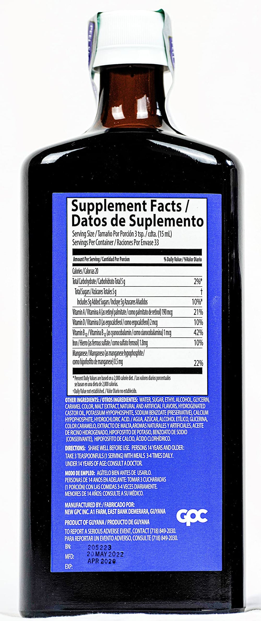 Close-up of Ferrol Compound label highlighting iron content