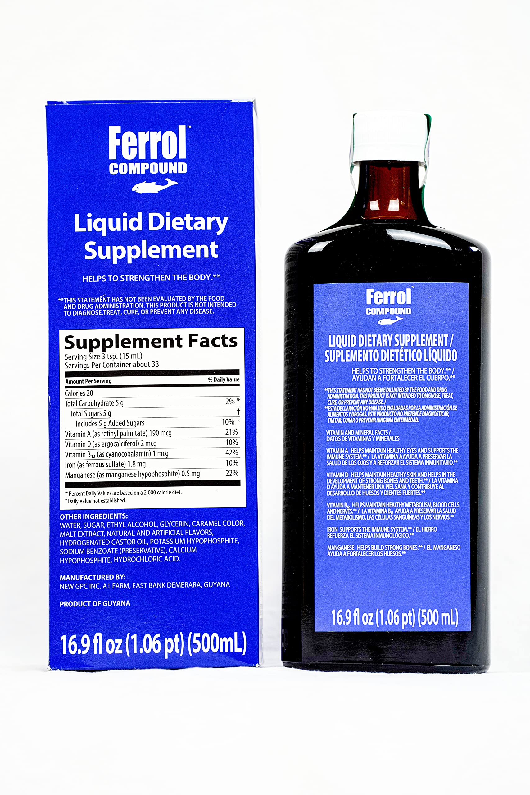 Nutrition information graphic for Ferrol Compound liquid supplement