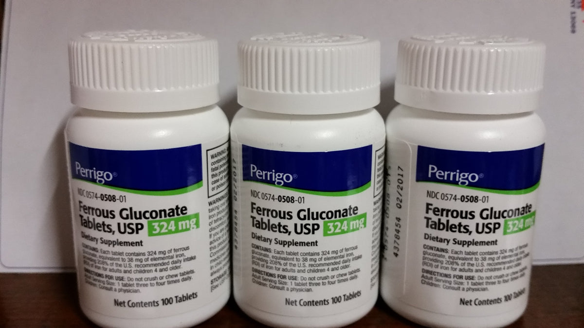 Ferrous Gluconate 324mg iron supplement – 100 tablets per bottle – 3-pack