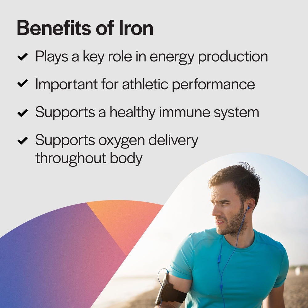 Lifestyle image highlighting benefits: supports energy, immune health, and blood health