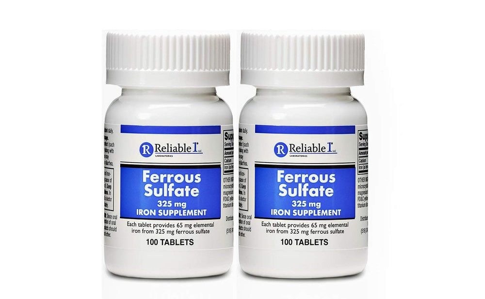 Ferrous sulfate iron supplement packaging with 2-pack