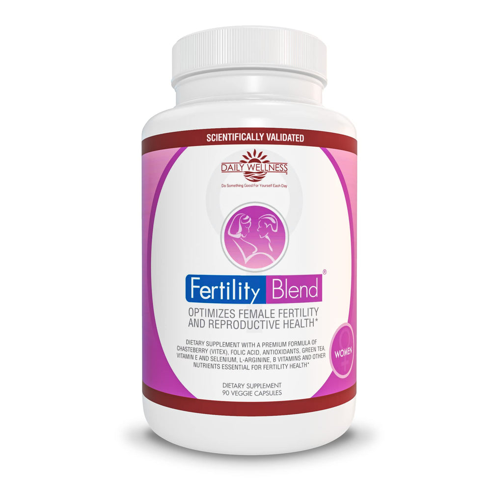Fertility Blend daily wellness bottle demonstrates convenient daily support for cycle balance and reproductive health.