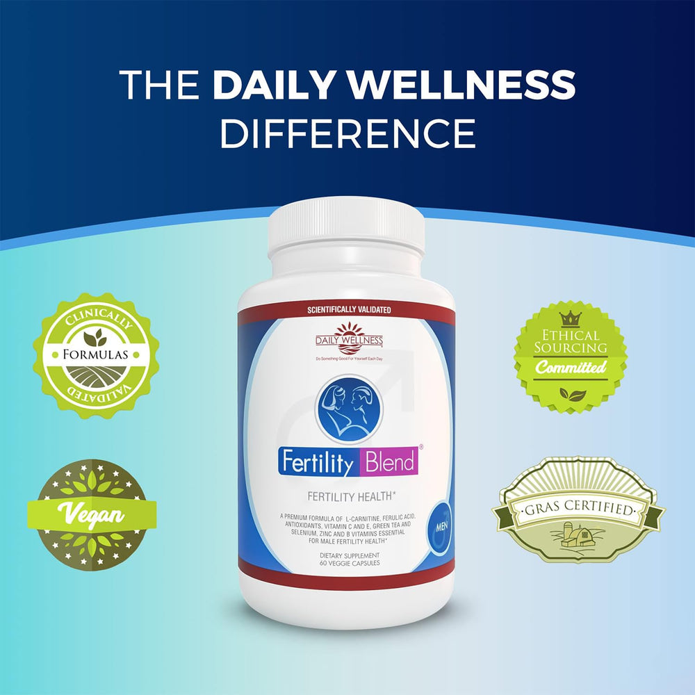 Product image showing Fertility Blend for men and a bottle