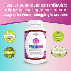Fertility Blend progesterone-support-tablet shot hints at hormone balance and regular cycles.