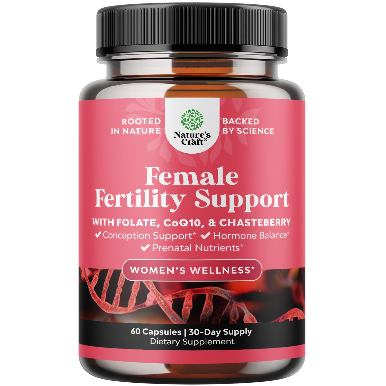 Fertility supplement bottles labeled for women and prenatal multivitamins