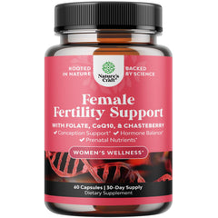 Fertility supplement bottles labeled for women and prenatal multivitamins