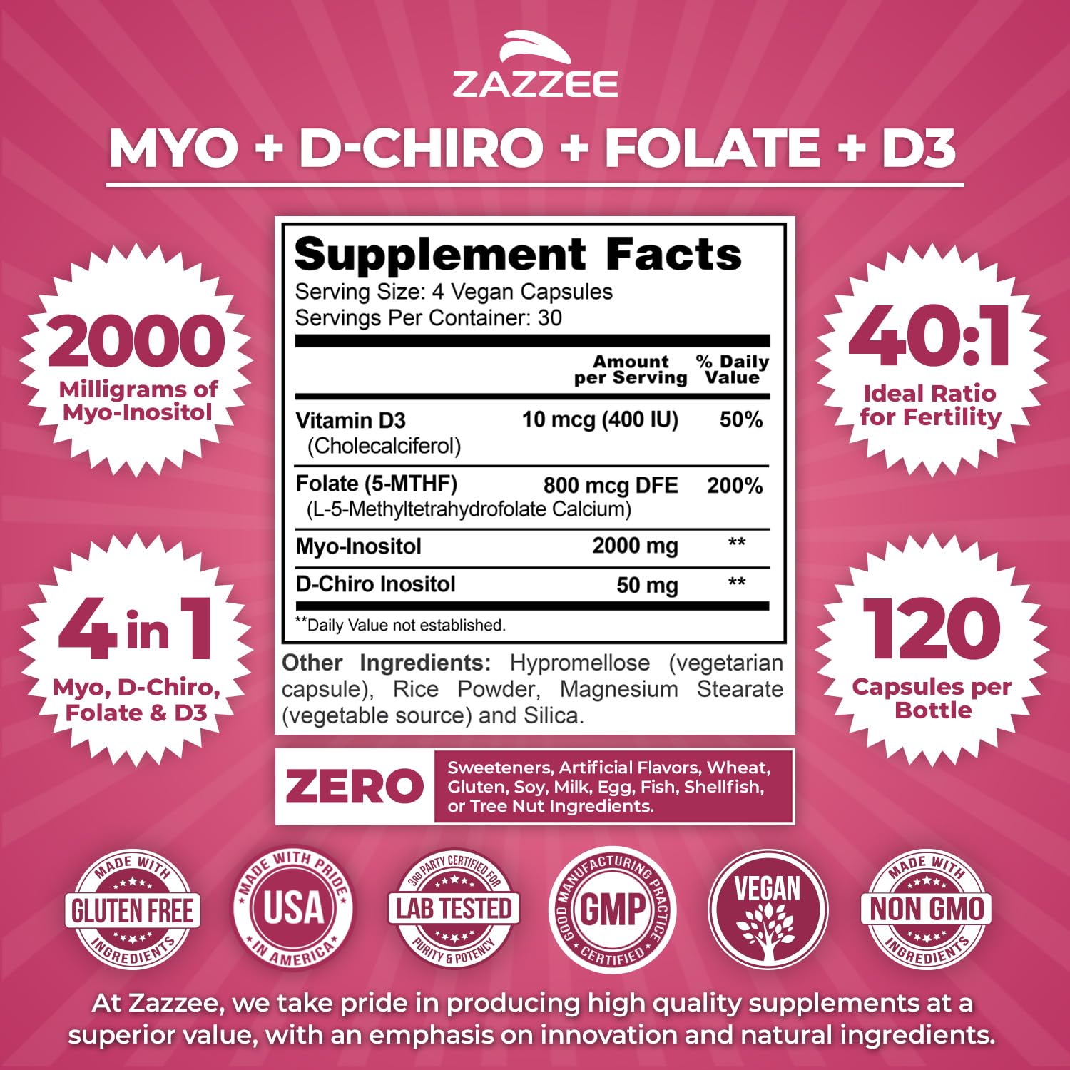 Fertility supplement featuring Myo- and D-Chiro Inositol at 40:1 ratio.