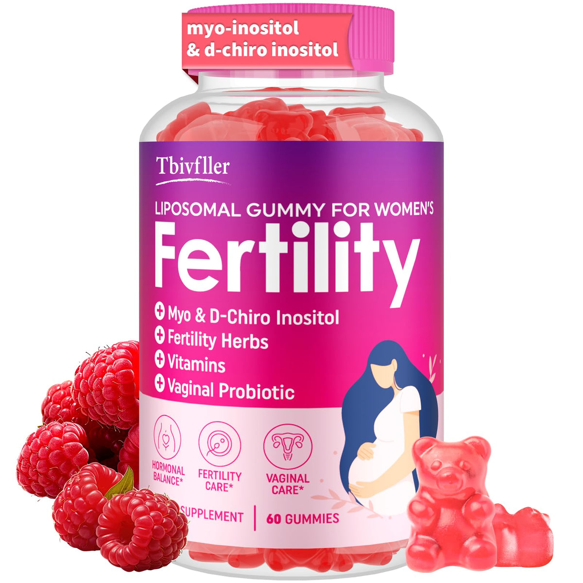 Bottle of fertility supplements for women raspberry gummies 60-count