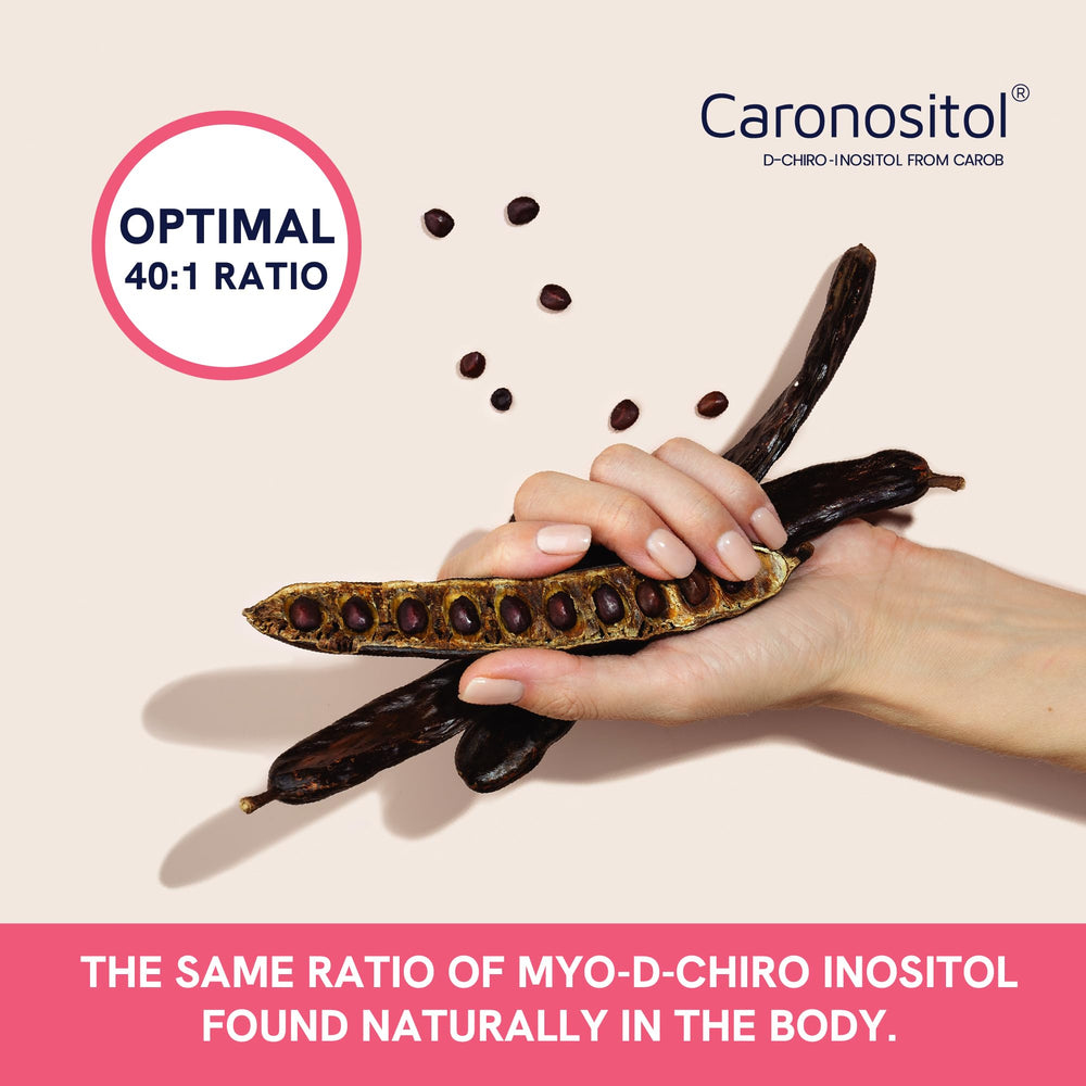 Close-up of product label highlighting 2000mg Myo-Inositol and 50mg D-Chiro Inositol