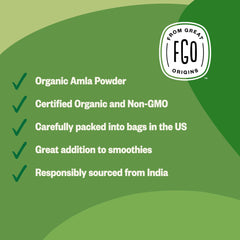 USDA Organic and Non-GMO seals on amla powder packaging