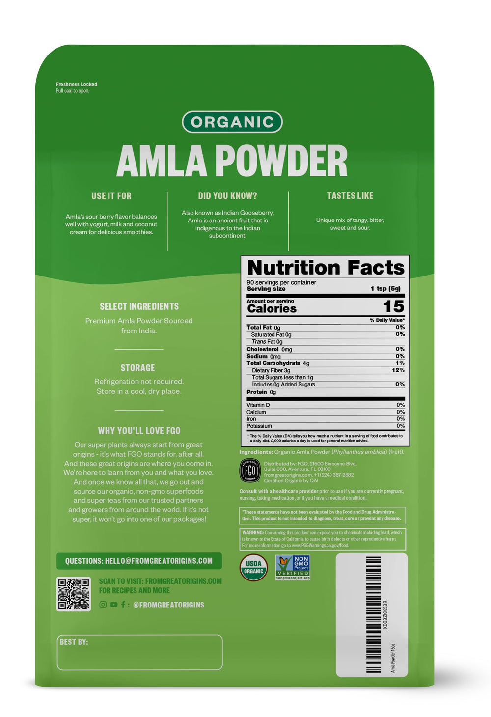 FGO Organic Amla Powder 16oz bag angled view