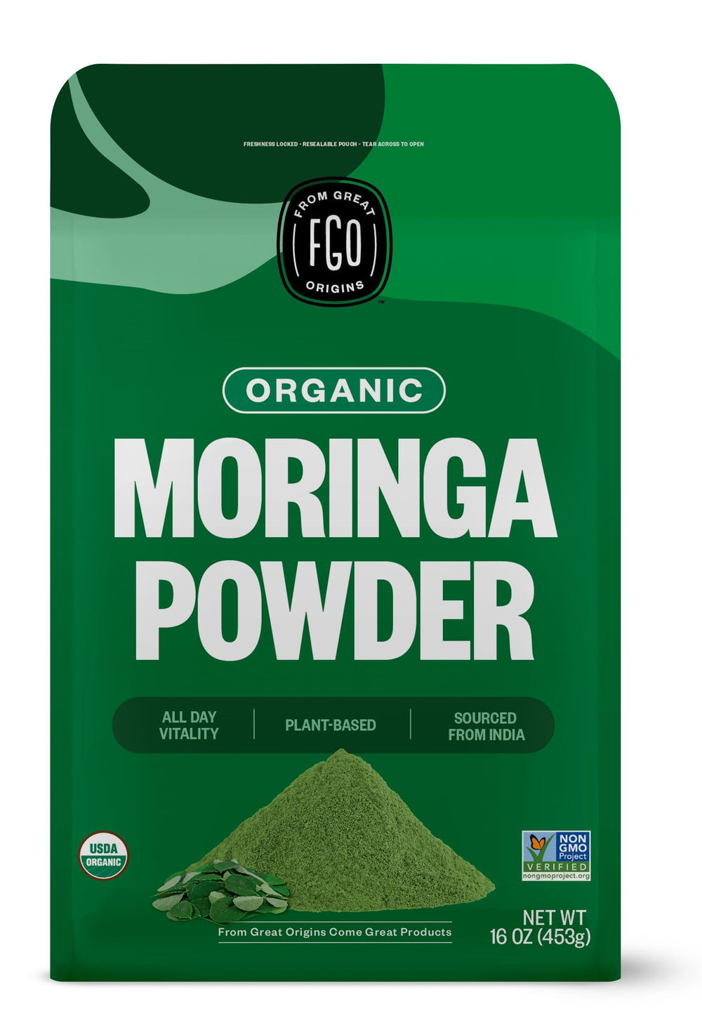 FGO Organic Moringa Oleifera leaf powder in a 16oz resealable pouch
