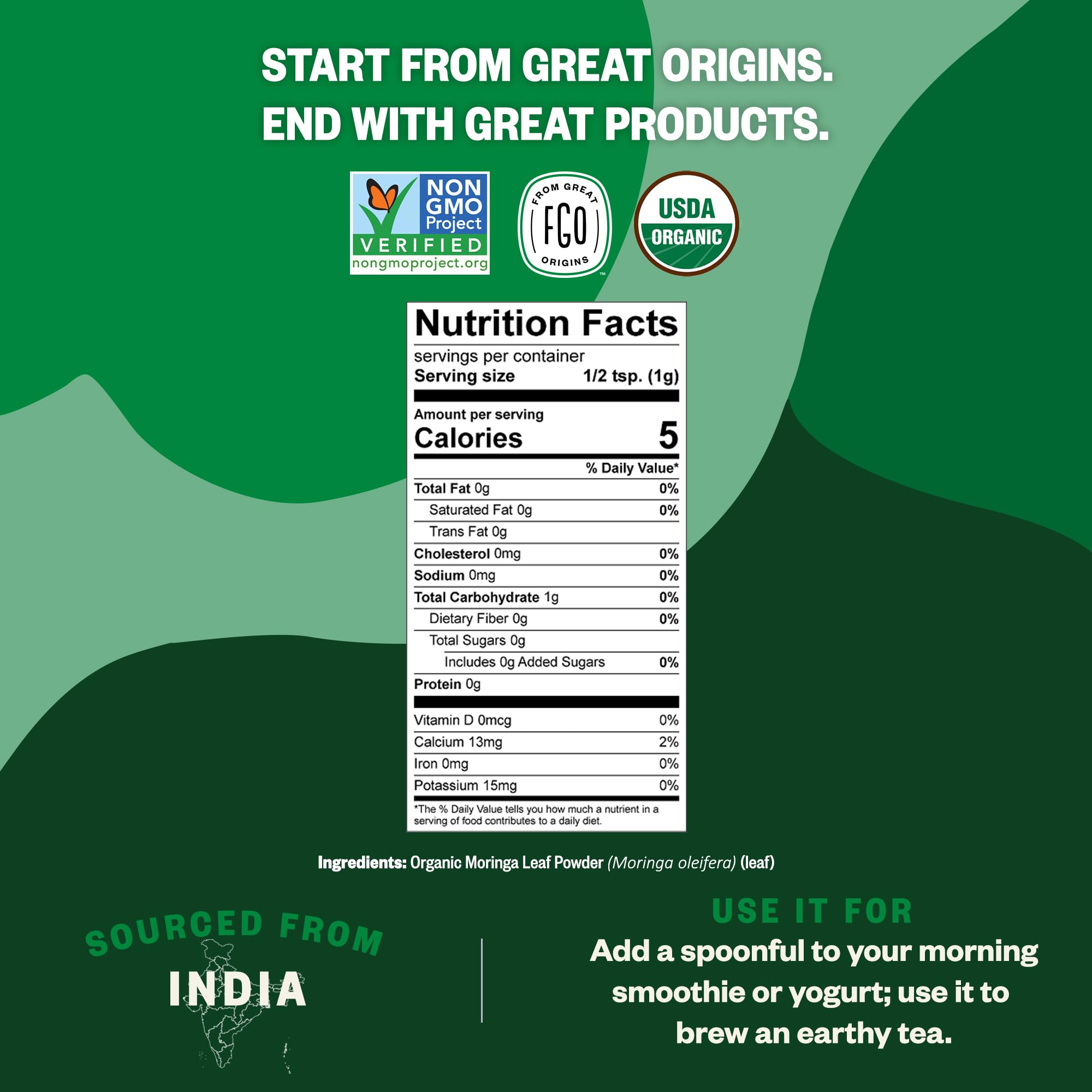 USDA Organic and Non-GMO seals on moringa packaging