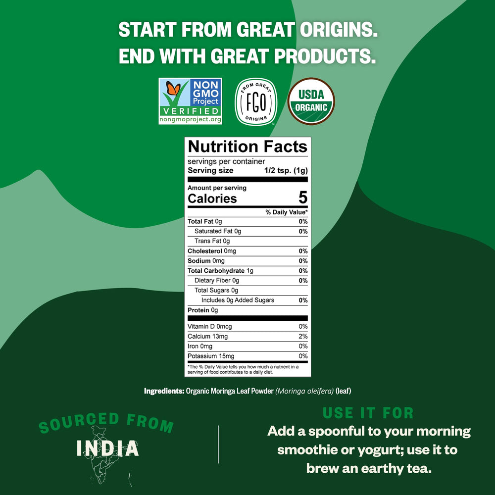 USDA Organic and Non-GMO seals on moringa packaging