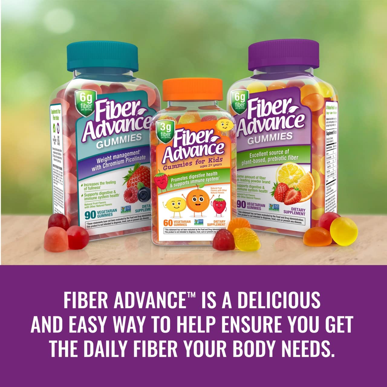 Pack of 3 Fiber Advance Gummies bottles on display