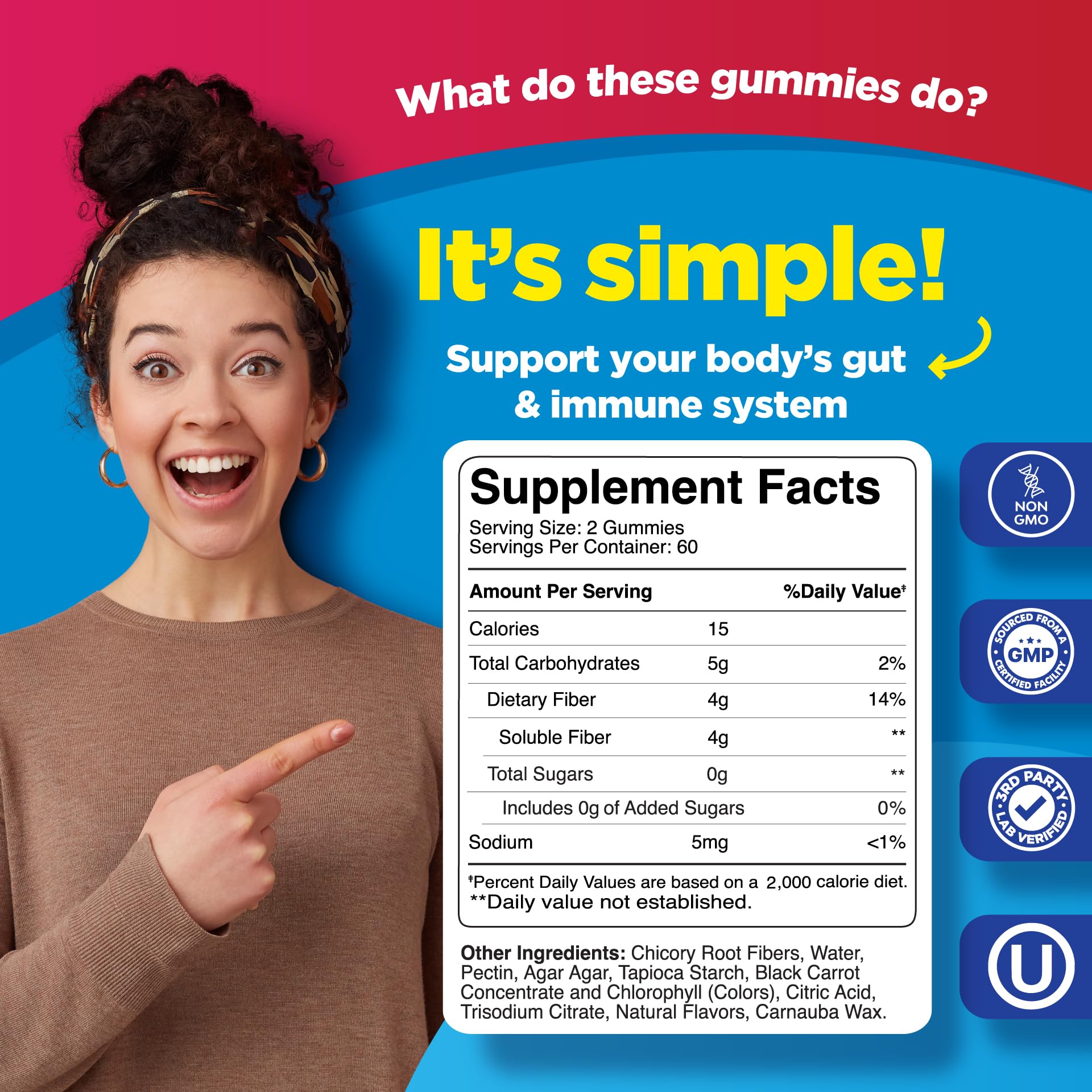 Vegan and non-GMO fiber gummies badge and packaging