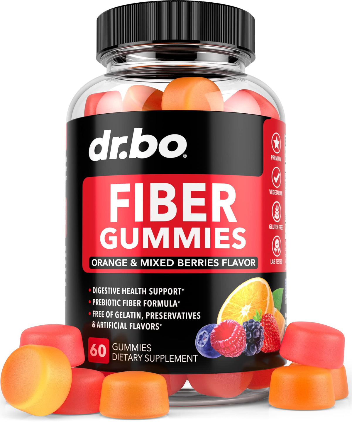 Front view of Fiber Gummies for Adults & Kids bottle with 60 chewable gummies
