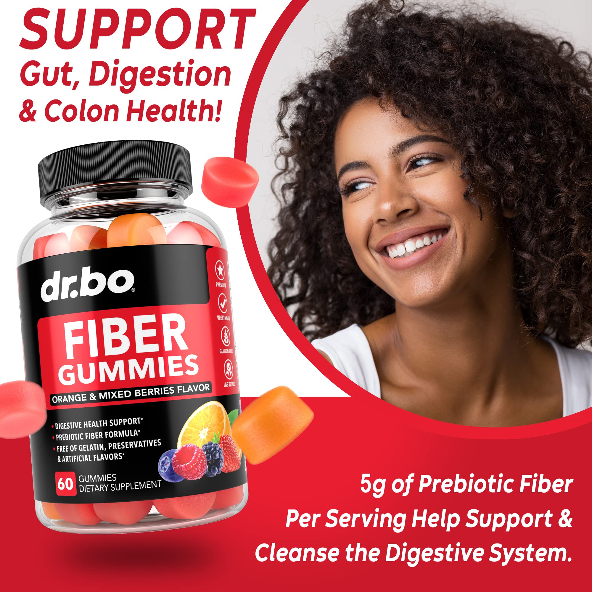 Gummy supplement close-up highlighting 5 g dietary fiber per serving