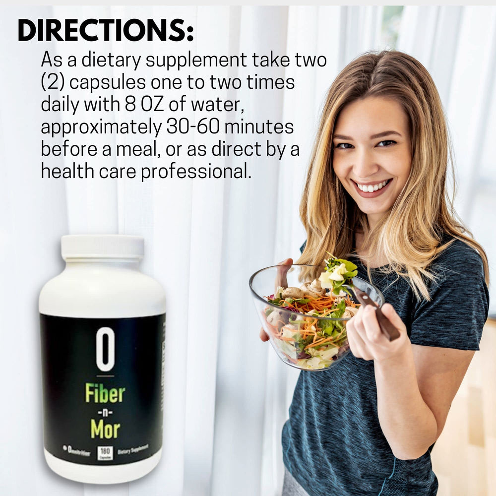Serving size illustration showing 2 capsules of Fiber N Mor