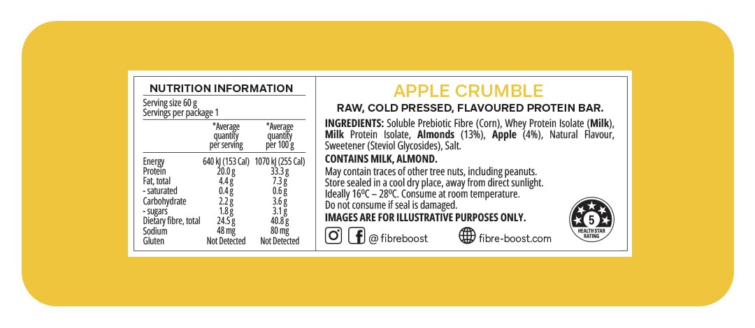 Fibre Boost Apple Crumble Bar nutrition label close-up shows high fibre option
