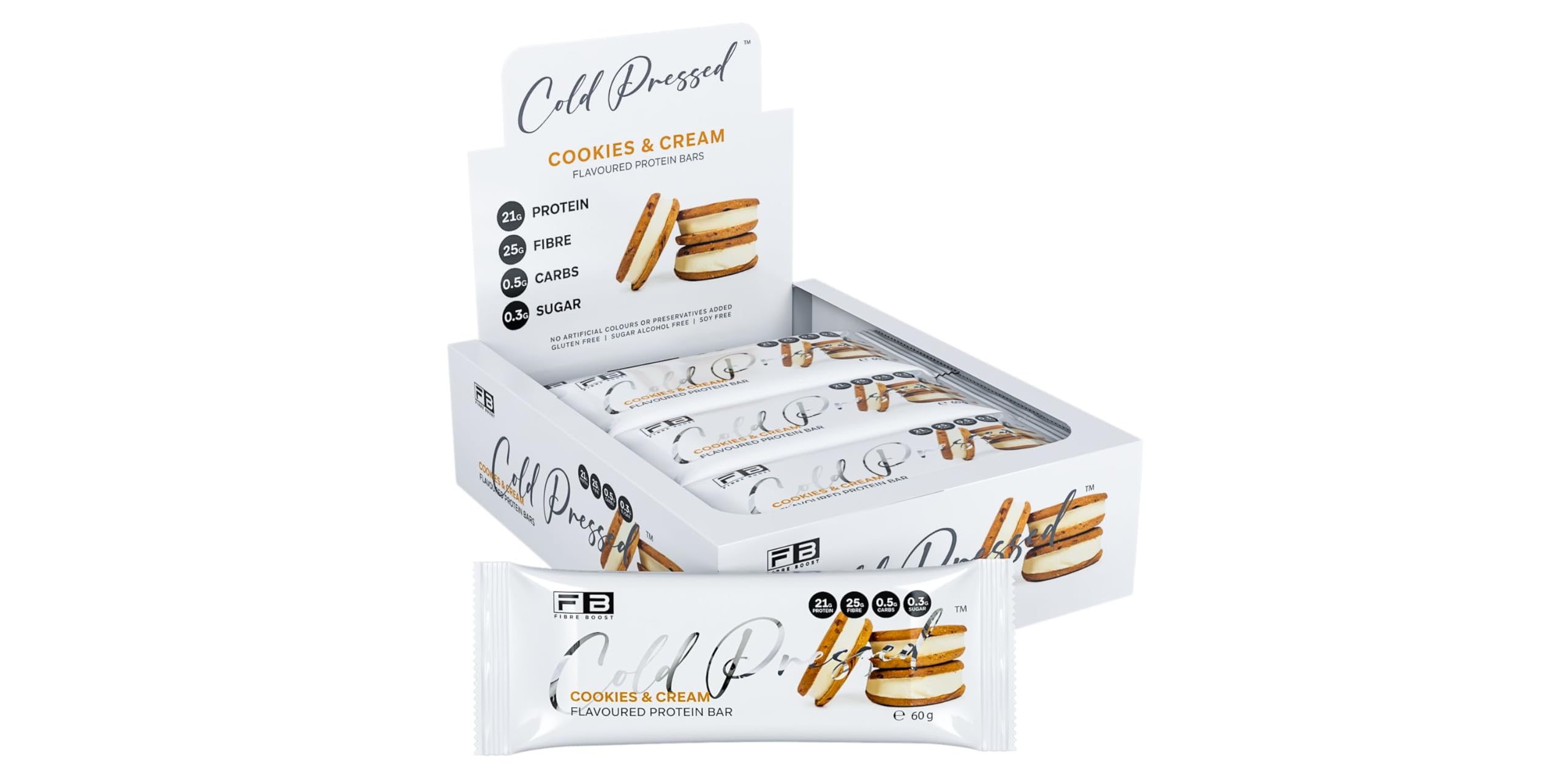 Fibre Boost Cookies and Cream bar, high fibre and protein snack for on-the-go.