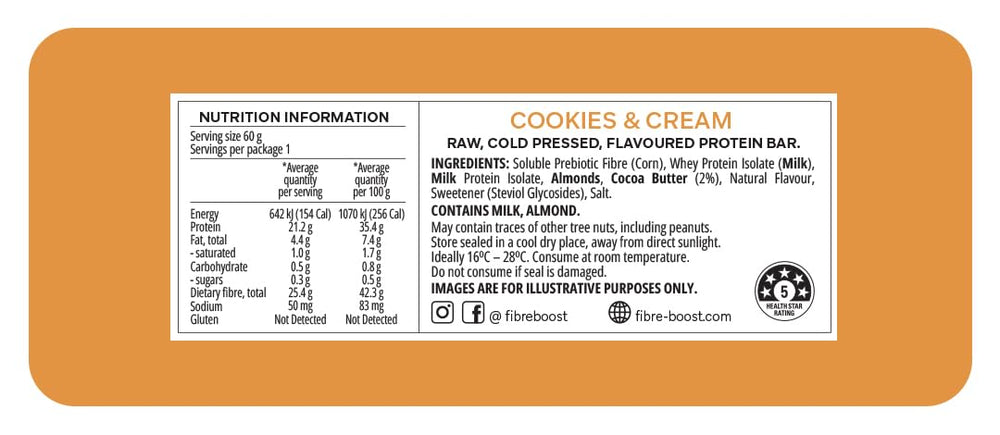 Fibre Boost Cookies and Cream bar unwrapped, ready as a protein-packed pre- or post-workout snack.