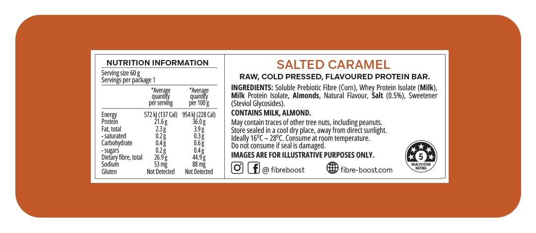 Fibre Boost salted caramel bar closeup highlighting rich texture and fibre-rich snack