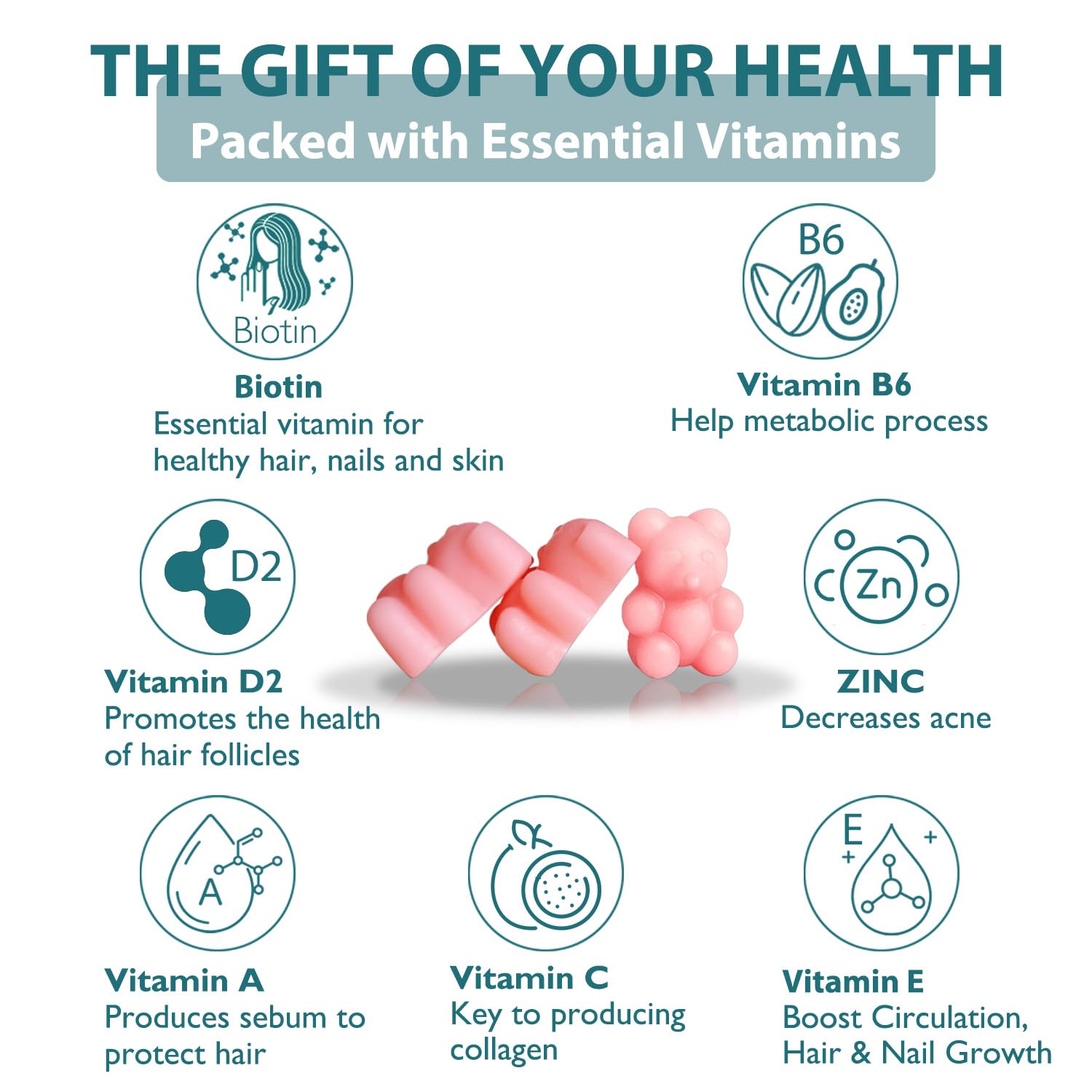 Biotin gummies ingredients with vitamins A, C, E, B5, B6, B9