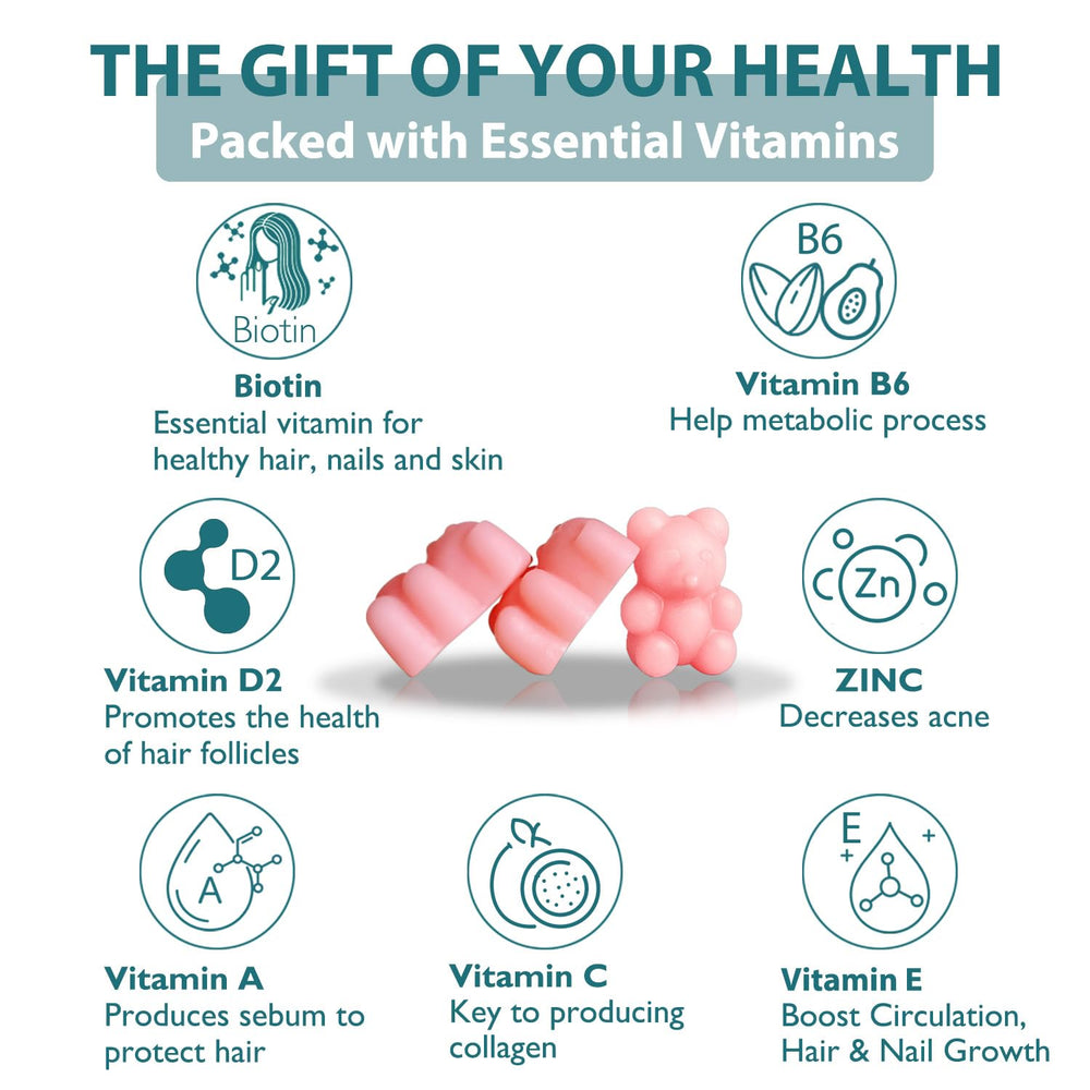 Biotin gummies ingredients with vitamins A, C, E, B5, B6, B9