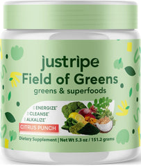 Front label view of Field of Greens Superfood Powder bottle