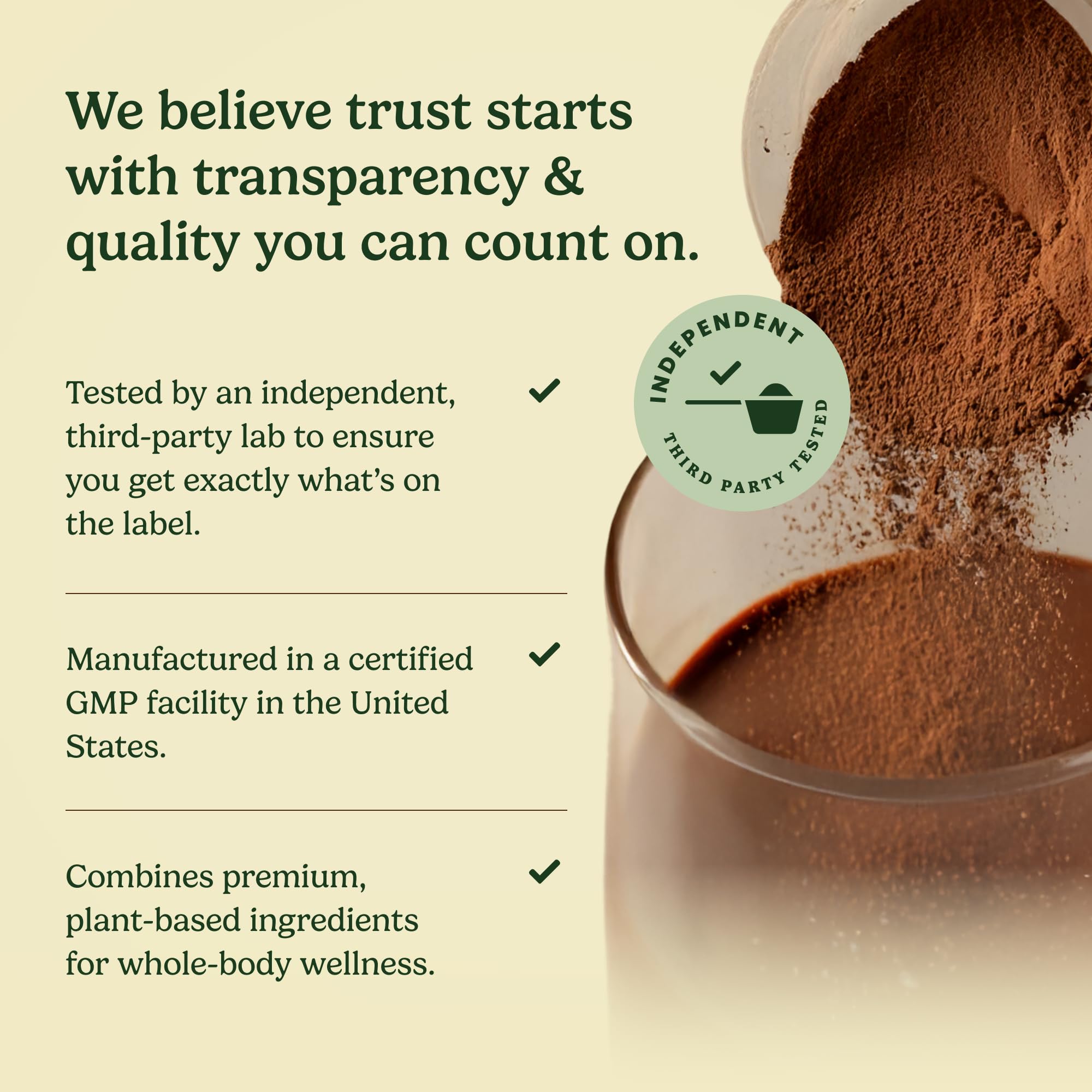 Field's Great ingredients panel shows 30g vegan protein and 5g fiber per serving