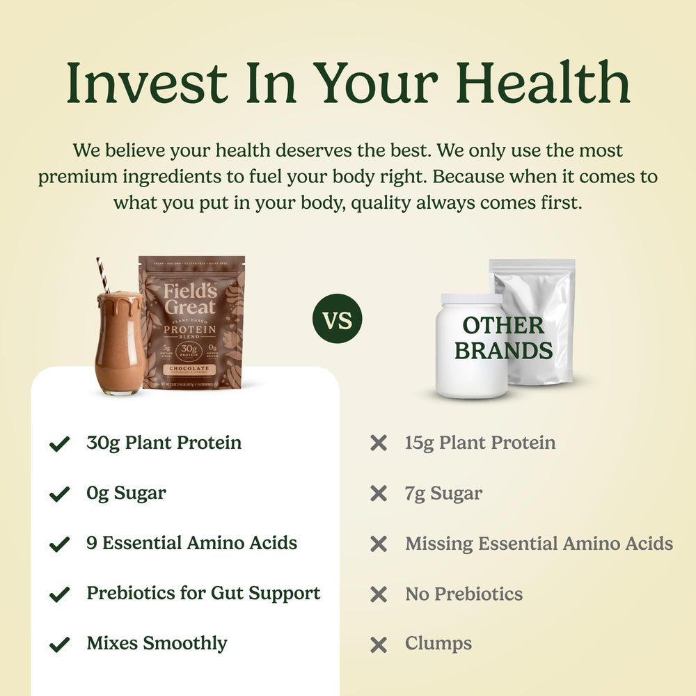 Field's Great ingredients panel shows 30g vegan protein and 5g fiber per serving