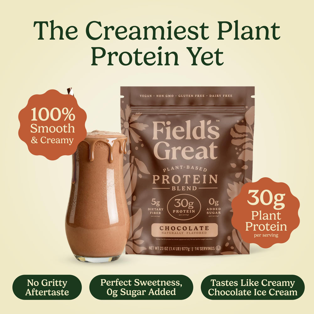 Field's Great chocolate pea protein powder scoop measures a 30g protein boost