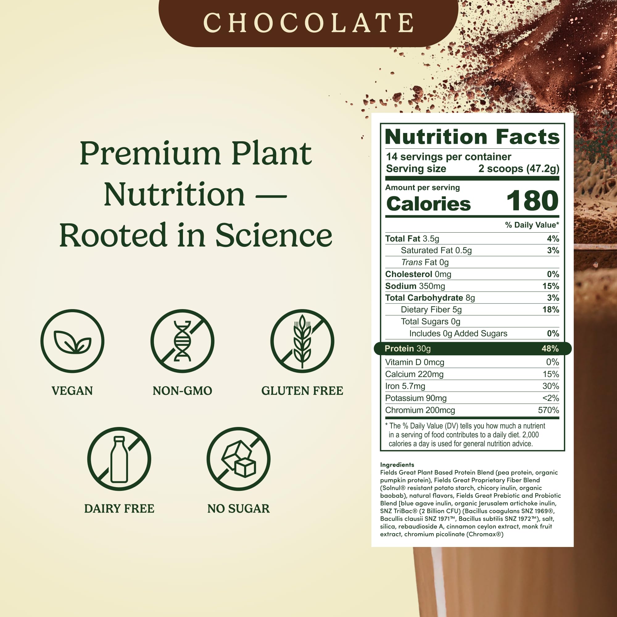 Field's Great chocolate pea protein powder shake glass shows creamy post workout texture