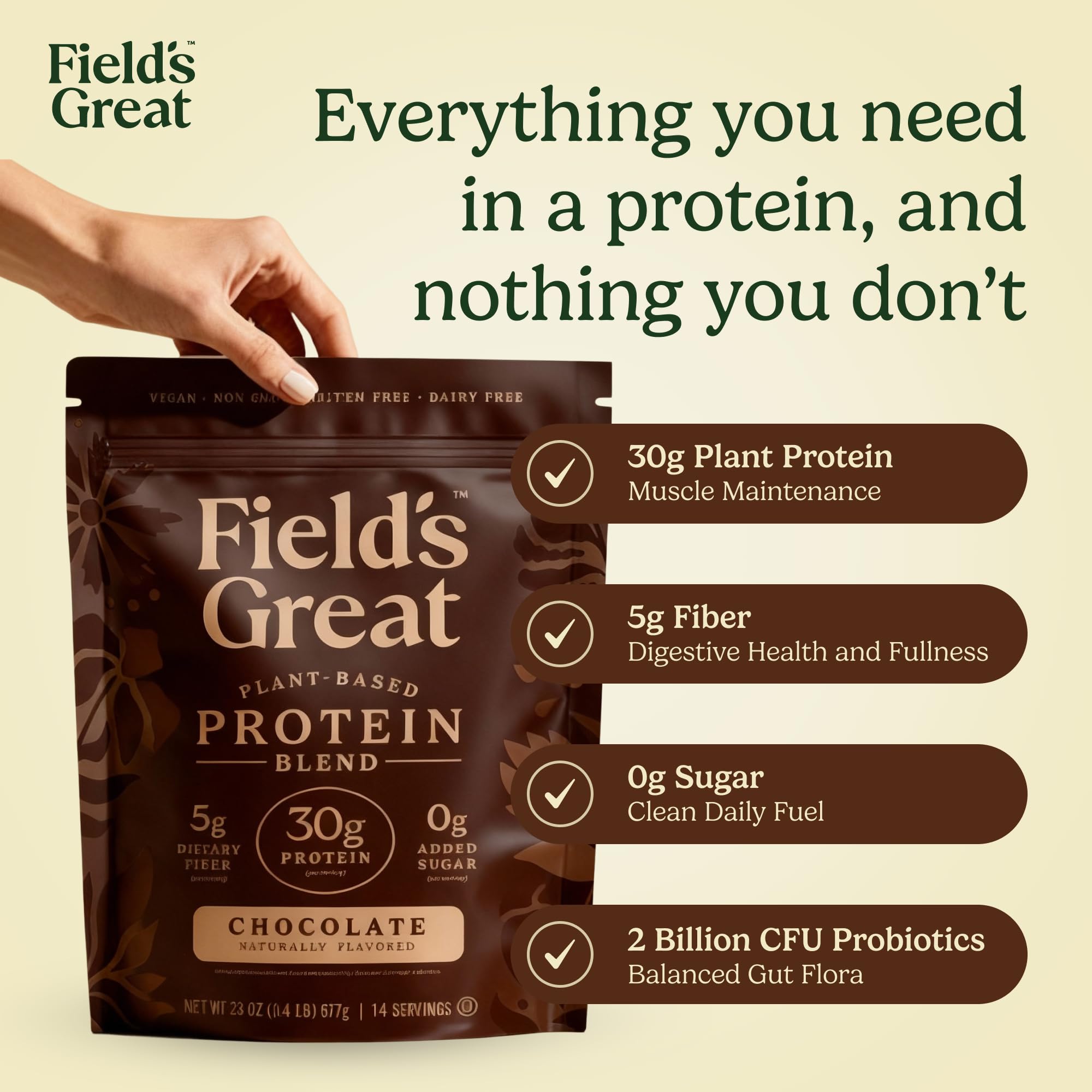 Field's Great chocolate pea protein powder shake glass shows creamy post workout texture