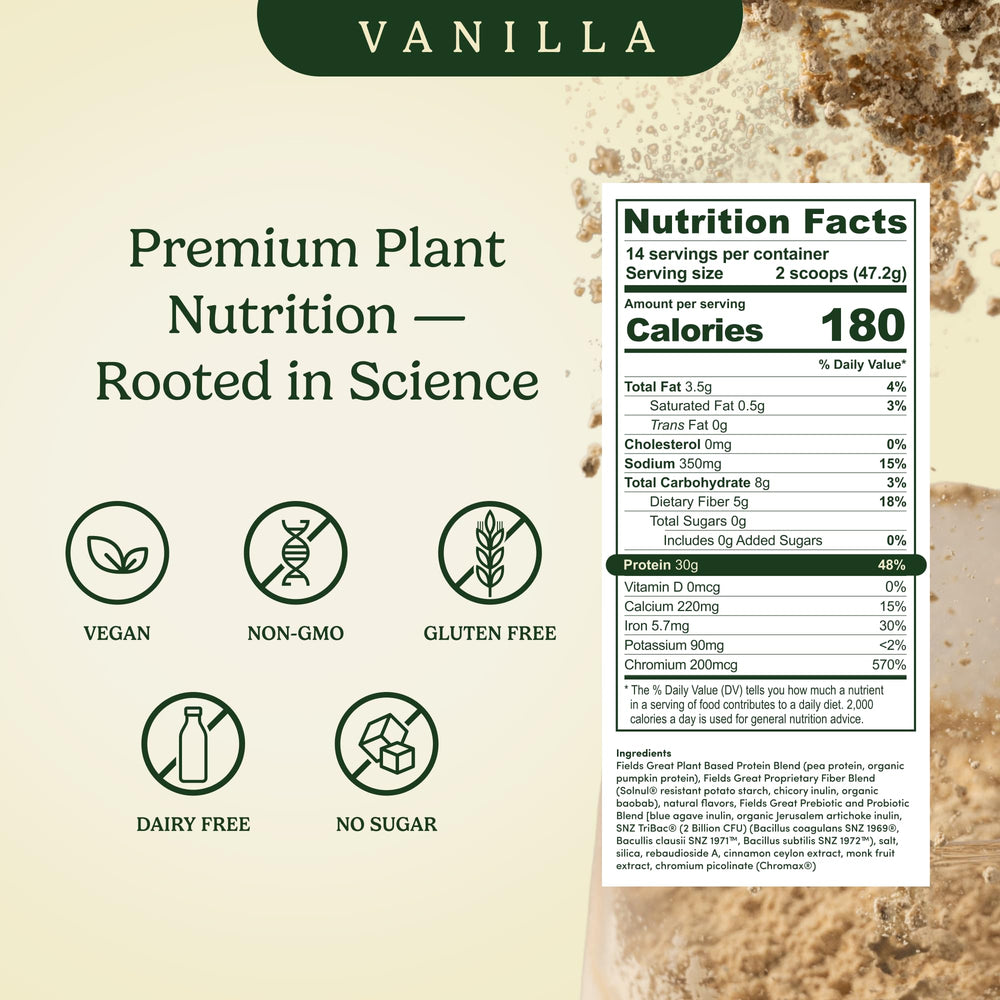 Field's Great vanilla pea protein powder bottle shown for smooth shakes and clean nutrition.