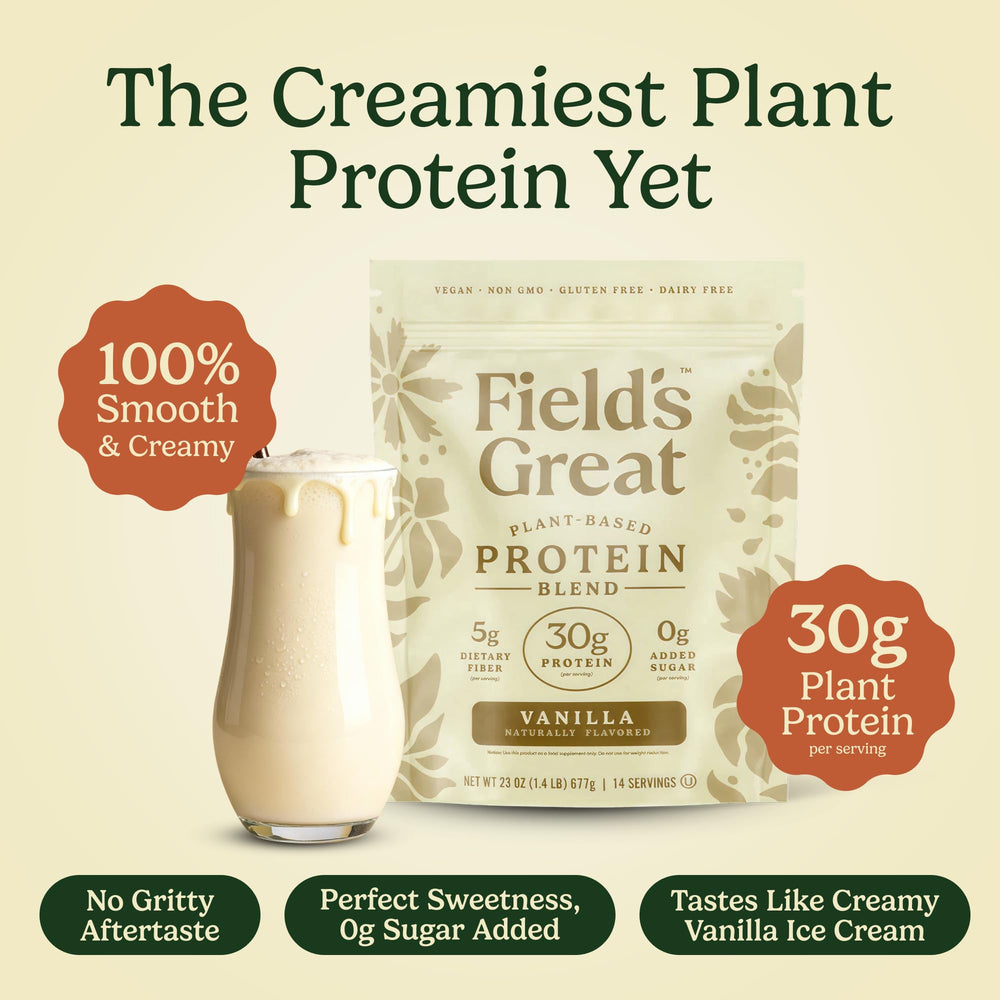 Creamy vanilla shake in a glass with Field's Great powder showing a smooth, fiber-rich blend.