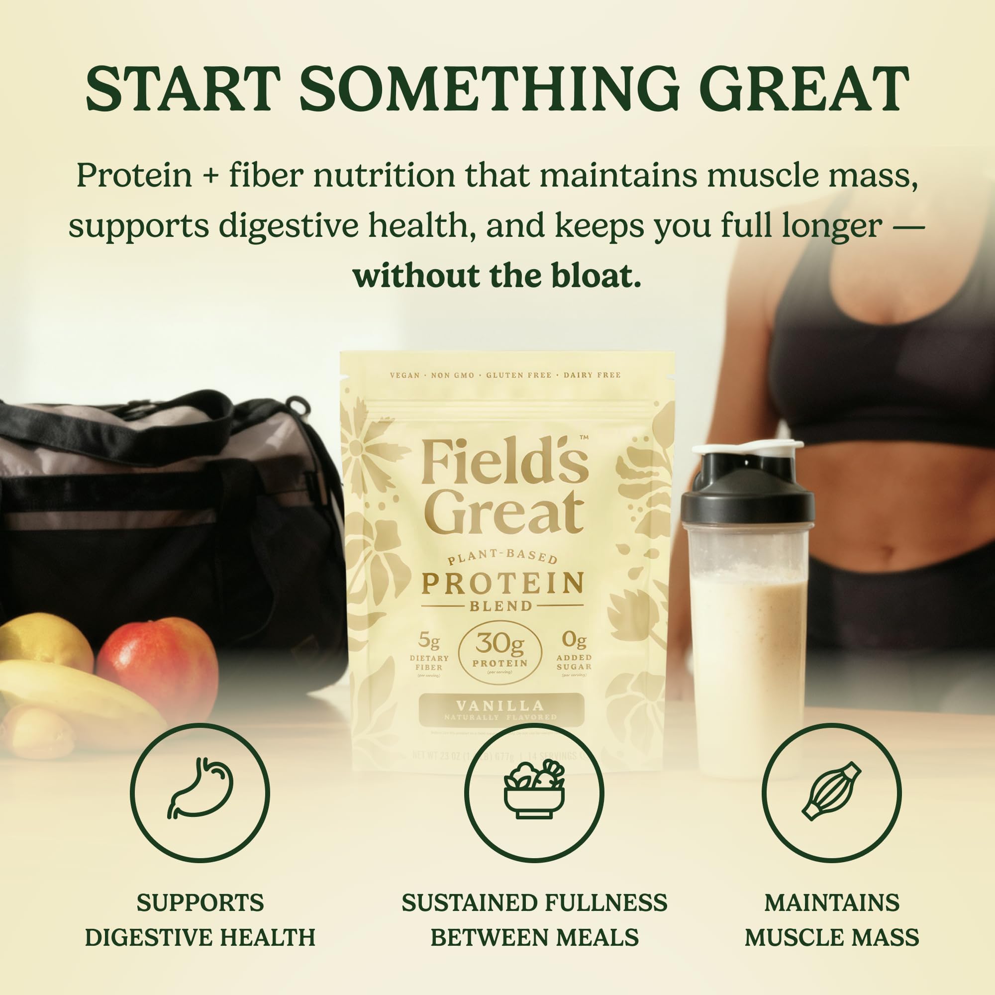 Field's Great ingredients include pea protein, pumpkin, resistant starch, and probiotics for gut balance.