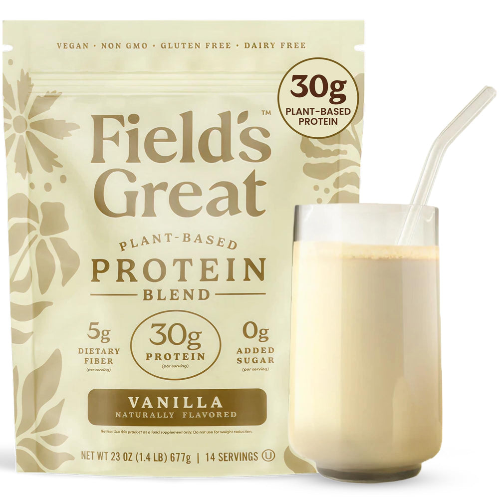 Field's Great vanilla pea protein powder label highlights 30g protein and 5g fiber for daily support.