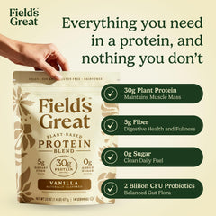 Serving scoop of Field's Great vanilla pea protein powder fueling workouts and on-the-go meals.