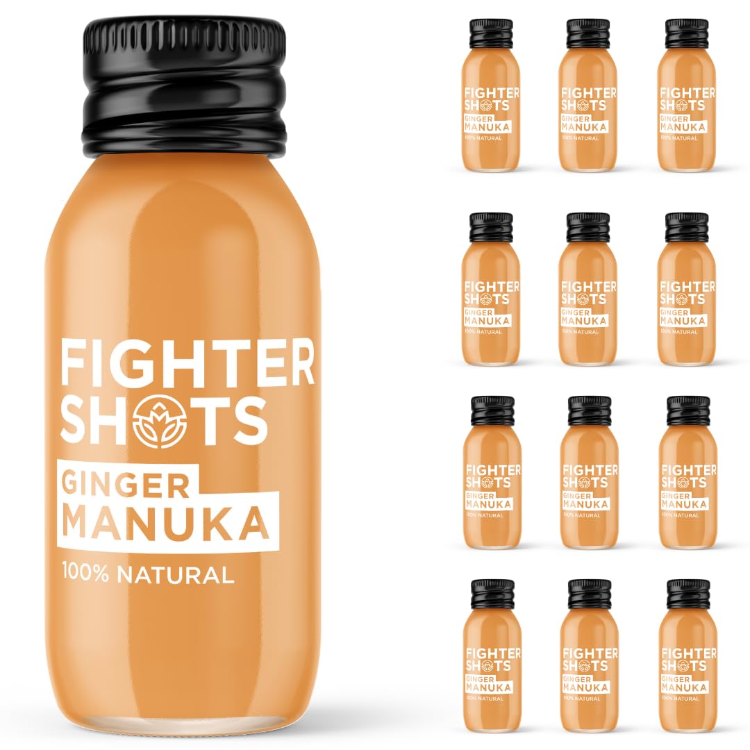 Front view of Fighter Shots Ginger Manuka Honey 12x60ml bottle